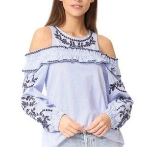 Parker Cold Shoulder Pinstriped Embroidered Long Sleeve Blouse Size Small